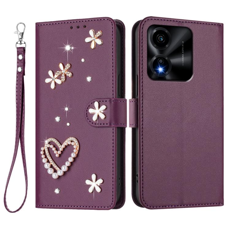 For Honor X5c 4G / X5c Plus 4G ZS01 Double-Layer Heart Floral Vegan Leather Phone Case with Wrist Strap