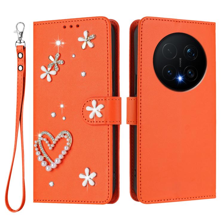 For Honor Magic8 Pro 5G ZS01 Double-Layer Heart Floral Vegan Leather Phone Case with Wrist Strap