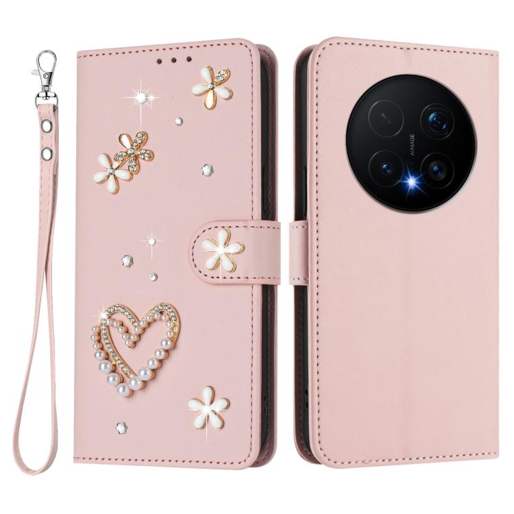 For Honor Magic8 Pro 5G ZS01 Double-Layer Heart Floral Vegan Leather Phone Case with Wrist Strap