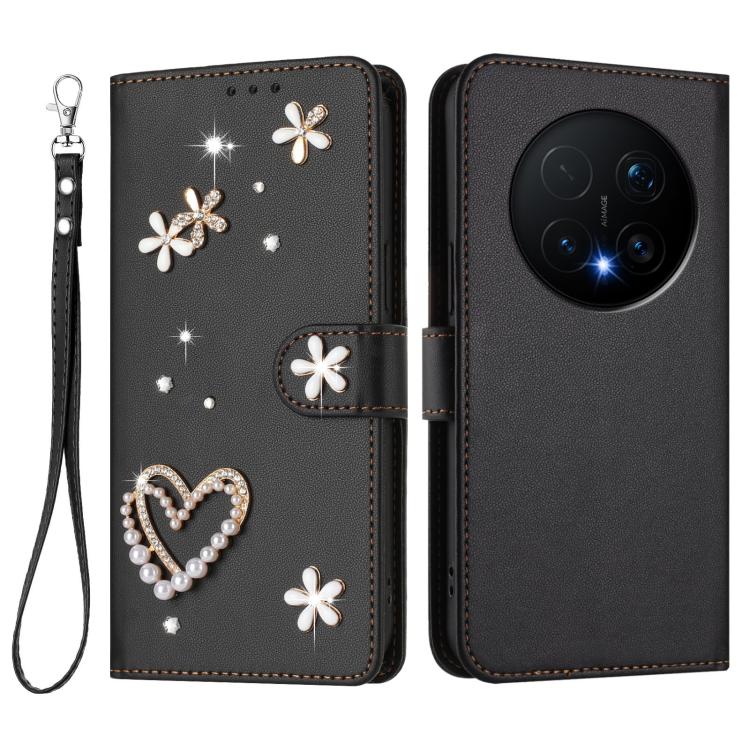 For Honor Magic8 Pro 5G ZS01 Double-Layer Heart Floral Vegan Leather Phone Case with Wrist Strap