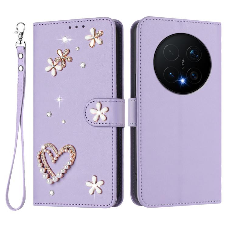 For Honor Magic8 Pro 5G ZS01 Double-Layer Heart Floral Vegan Leather Phone Case with Wrist Strap