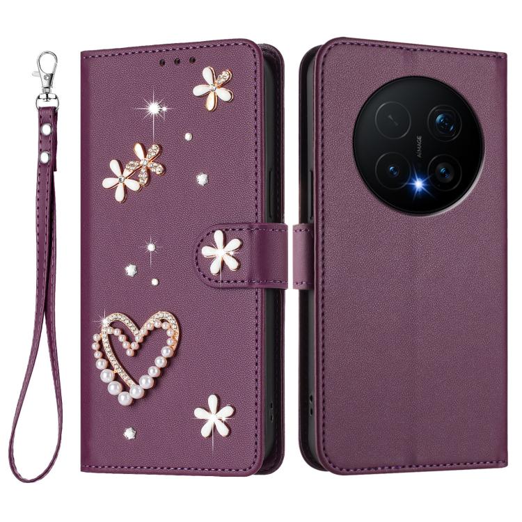 For Honor Magic8 Pro 5G ZS01 Double-Layer Heart Floral Vegan Leather Phone Case with Wrist Strap