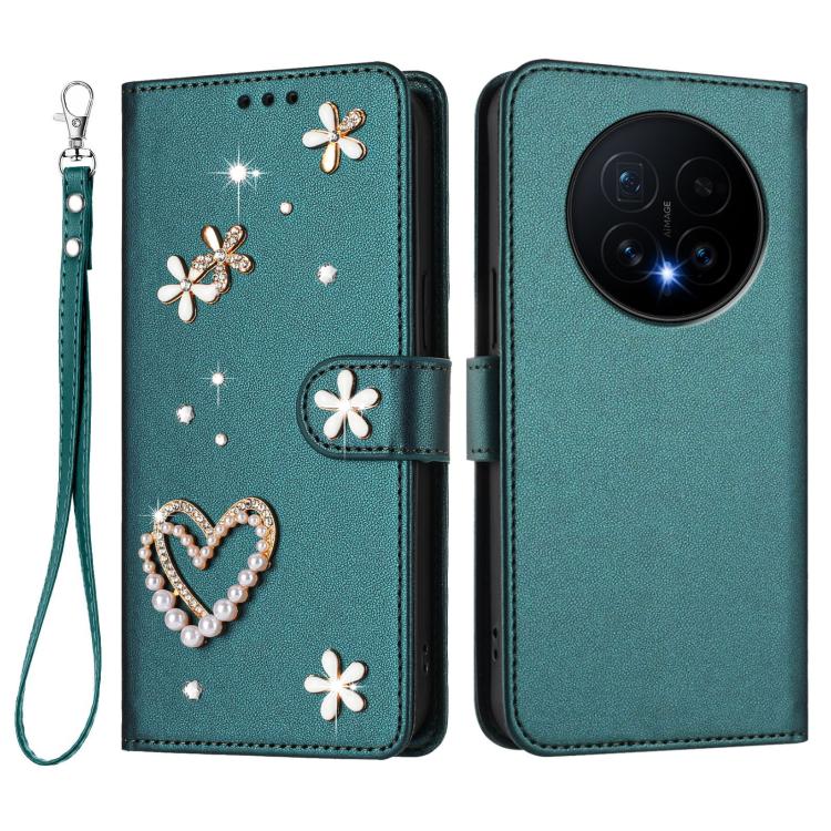 For Honor Magic8 5G ZS01 Double-Layer Heart Floral Vegan Leather Phone Case with Wrist Strap