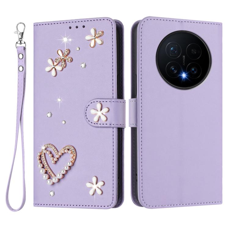 For Honor Magic8 5G ZS01 Double-Layer Heart Floral Vegan Leather Phone Case with Wrist Strap