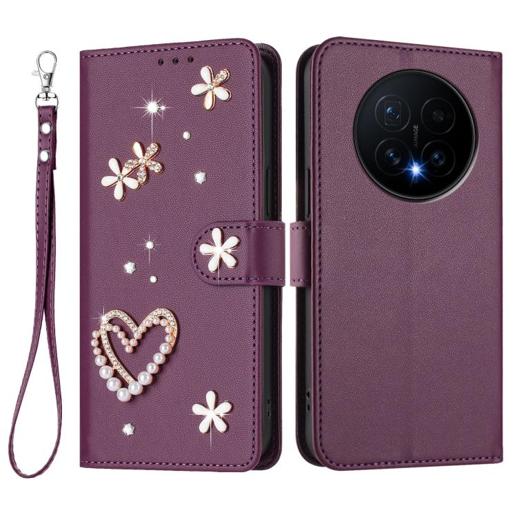 For Honor Magic8 5G ZS01 Double-Layer Heart Floral Vegan Leather Phone Case with Wrist Strap