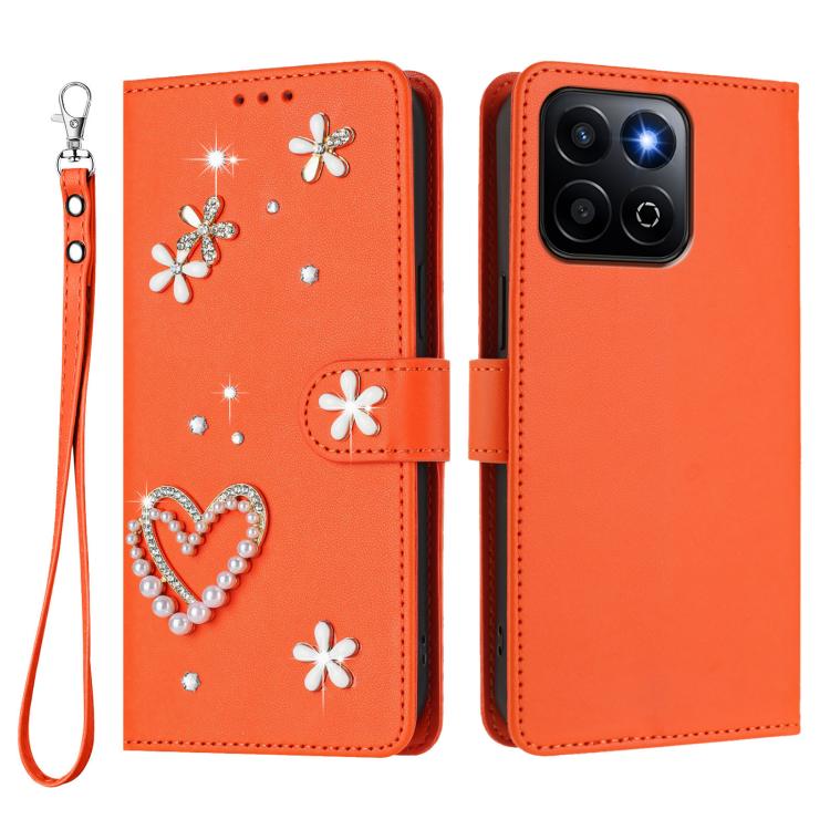 For Honor 400 Smart 5G Global / X7d 5G ZS01 Double-Layer Heart Floral Vegan Leather Phone Case with Wrist Strap
