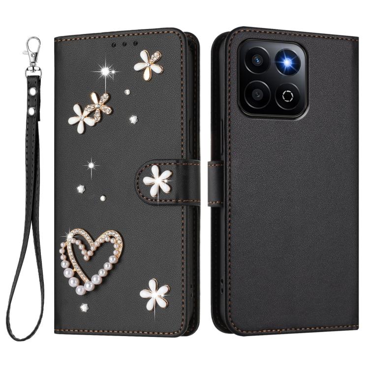 For Honor 400 Smart 5G Global / X7d 5G ZS01 Double-Layer Heart Floral Vegan Leather Phone Case with Wrist Strap