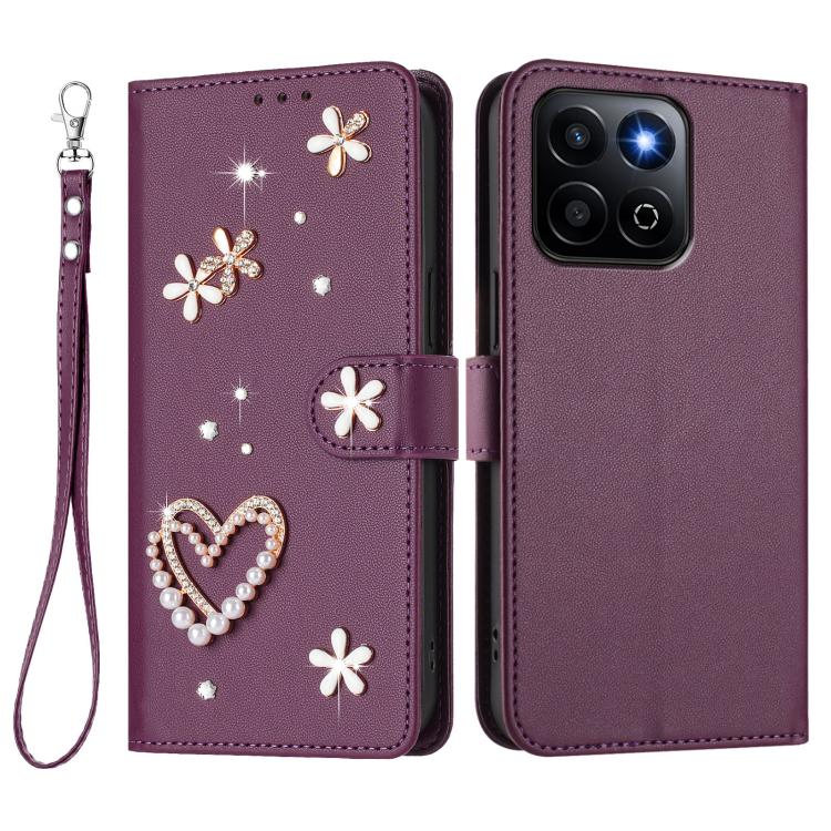 For Honor 400 Smart 5G Global / X7d 5G ZS01 Double-Layer Heart Floral Vegan Leather Phone Case with Wrist Strap