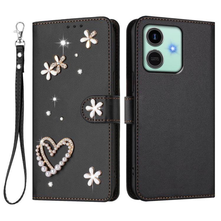 For Honor Play10 4G ZS01 Double-Layer Heart Floral Vegan Leather Phone Case with Wrist Strap