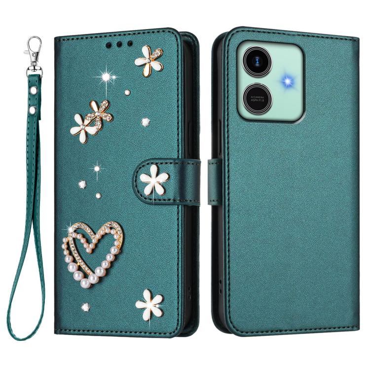 For Honor Play10 4G ZS01 Double-Layer Heart Floral Vegan Leather Phone Case with Wrist Strap