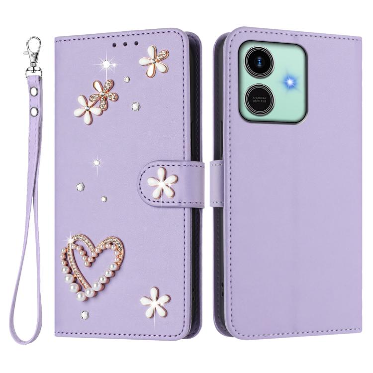 For Honor Play10 4G ZS01 Double-Layer Heart Floral Vegan Leather Phone Case with Wrist Strap