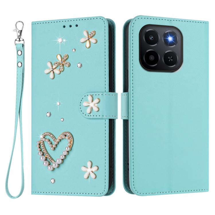 For Honor X6c / X5b 4G / X5b Plus 4G ZS01 Double-Layer Heart Floral Vegan Leather Phone Case with Wrist Strap