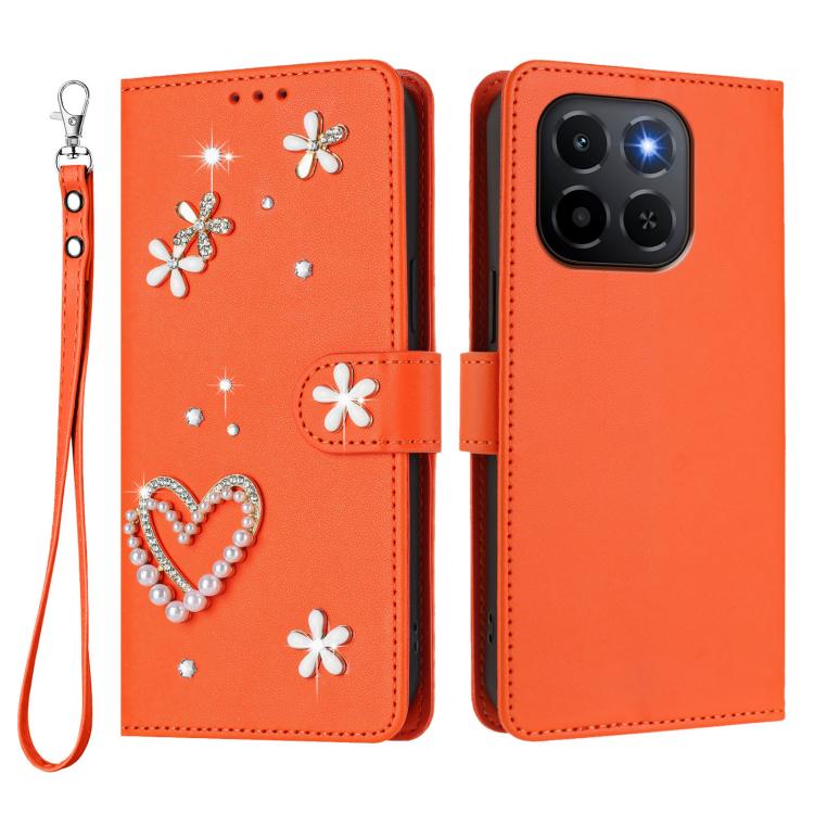 For Honor X6c / X5b 4G / X5b Plus 4G ZS01 Double-Layer Heart Floral Vegan Leather Phone Case with Wrist Strap