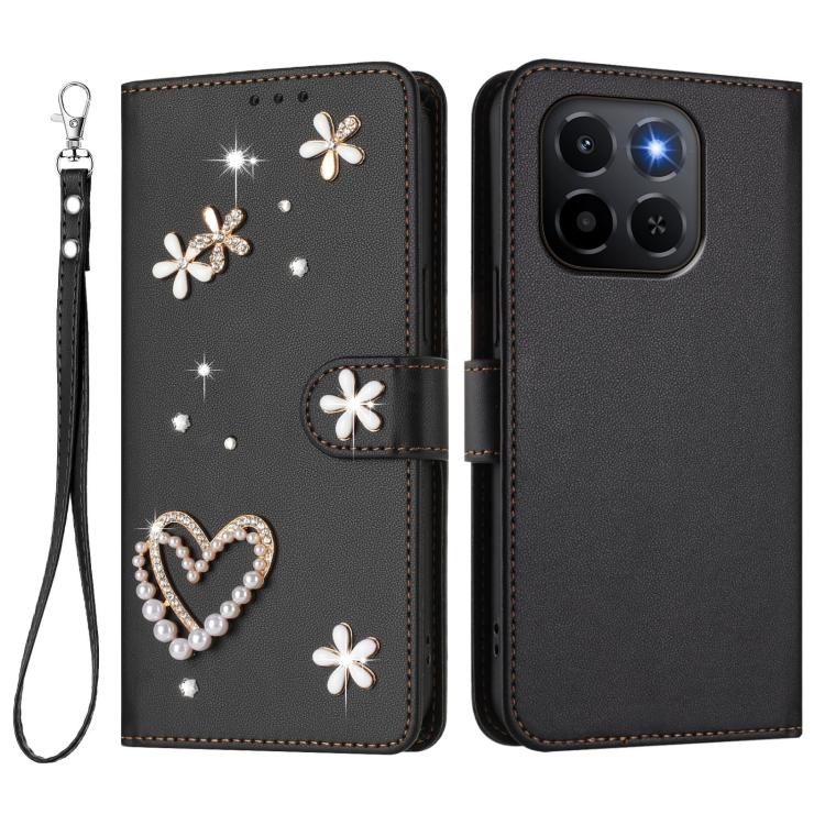 For Honor X6c / X5b 4G / X5b Plus 4G ZS01 Double-Layer Heart Floral Vegan Leather Phone Case with Wrist Strap