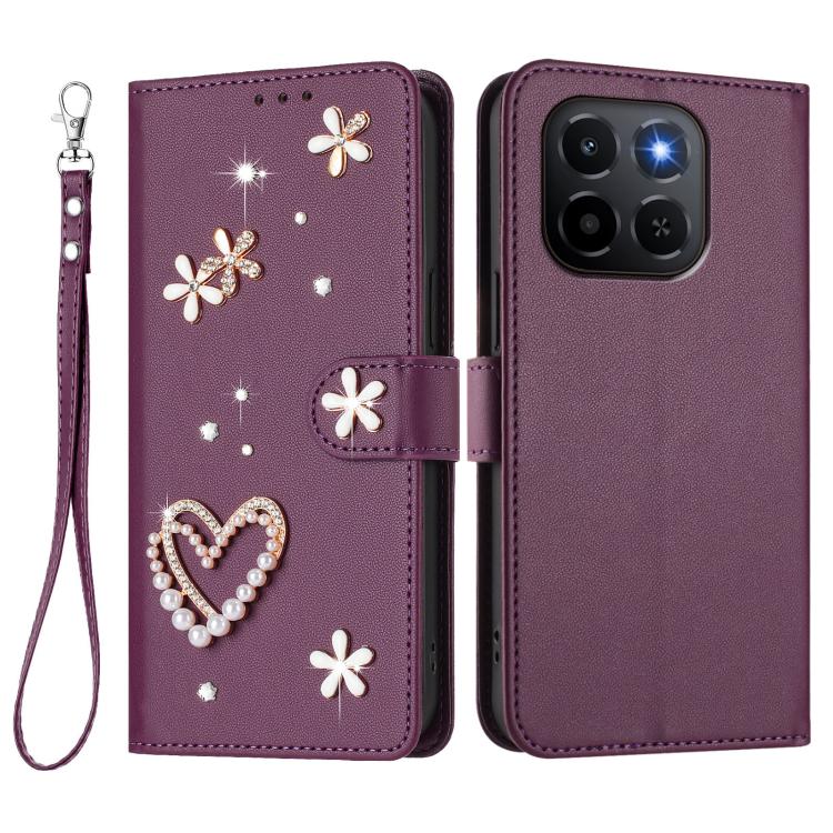 For Honor X6c / X5b 4G / X5b Plus 4G ZS01 Double-Layer Heart Floral Vegan Leather Phone Case with Wrist Strap