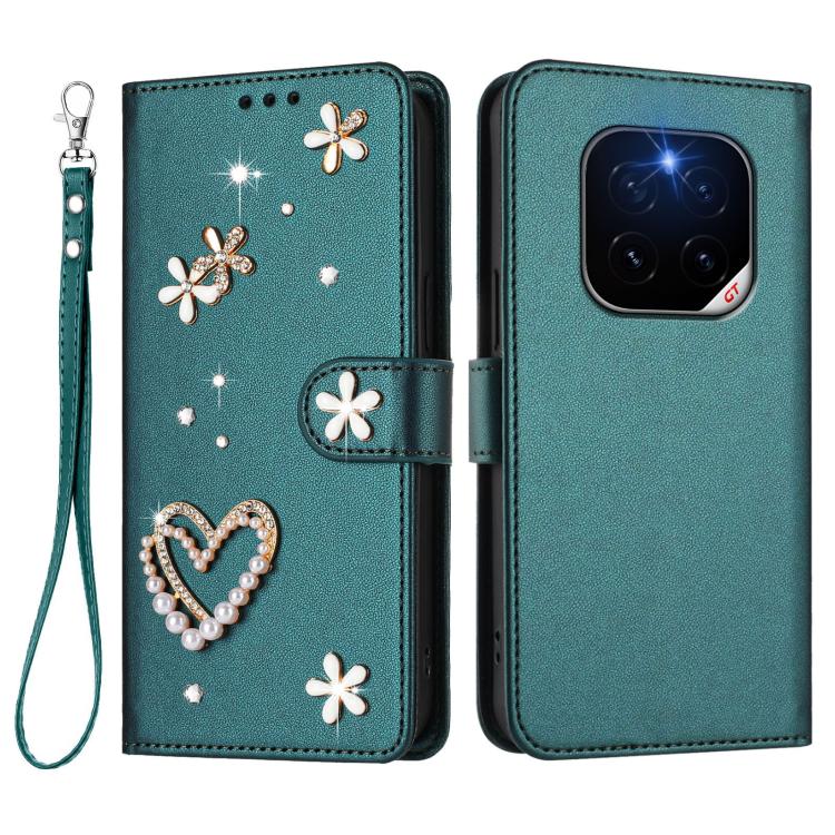 For Honor GT Pro 5G ZS01 Double-Layer Heart Floral Vegan Leather Phone Case with Wrist Strap