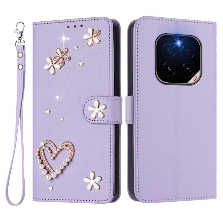 For Honor GT Pro 5G ZS01 Double-Layer Heart Floral Vegan Leather Phone Case with Wrist Strap
