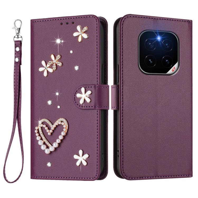 For Honor GT Pro 5G ZS01 Double-Layer Heart Floral Vegan Leather Phone Case with Wrist Strap