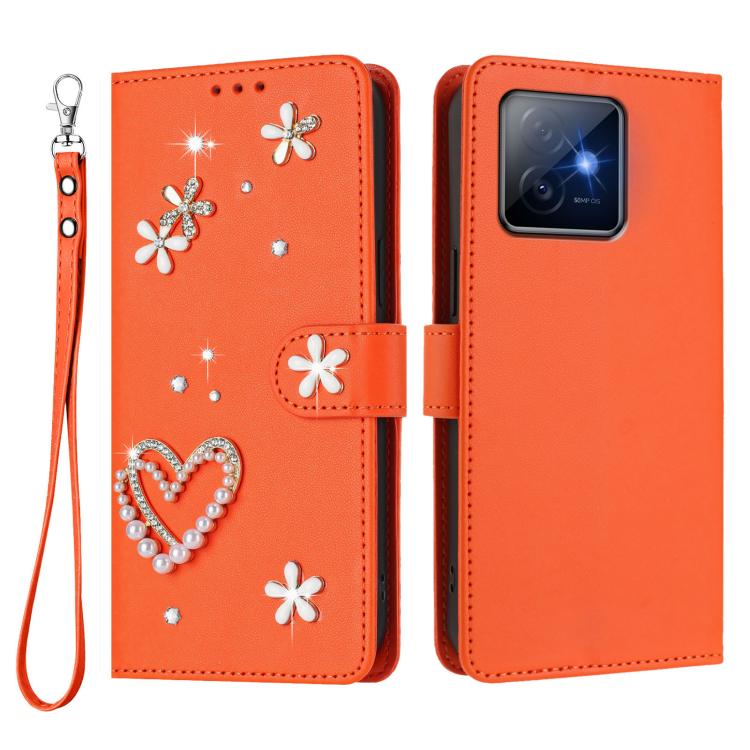 For Honor X60 GT 5G ZS01 Double-Layer Heart Floral Vegan Leather Phone Case with Wrist Strap