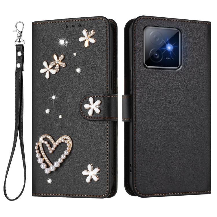 For Honor X60 GT 5G ZS01 Double-Layer Heart Floral Vegan Leather Phone Case with Wrist Strap