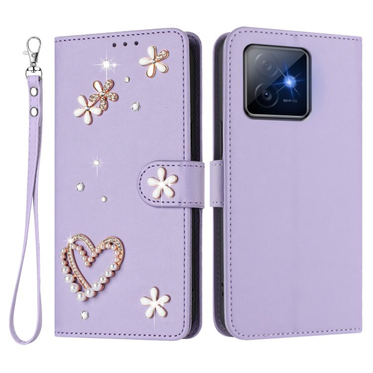 For Honor X60 GT 5G ZS01 Double-Layer Heart Floral Vegan Leather Phone Case with Wrist Strap