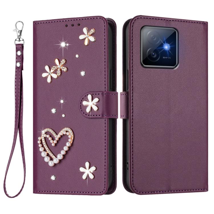 For Honor X60 GT 5G ZS01 Double-Layer Heart Floral Vegan Leather Phone Case with Wrist Strap