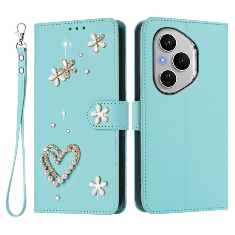 For Honor 400 Pro 5G Global 160.8mm ZS01 Double-Layer Heart Floral Vegan Leather Phone Case with Wrist Strap