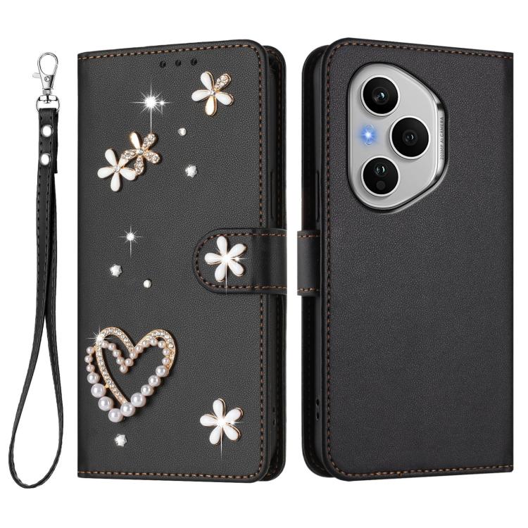 For Honor 400 Pro 5G Global 160.8mm ZS01 Double-Layer Heart Floral Vegan Leather Phone Case with Wrist Strap