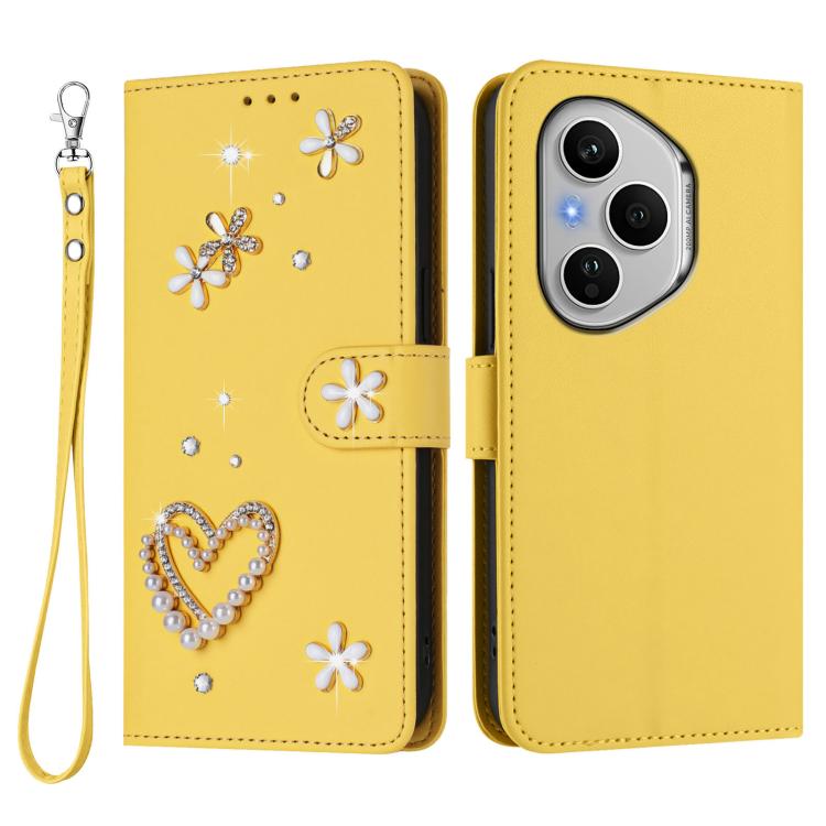 For Honor 400 Pro 5G Global 160.8mm ZS01 Double-Layer Heart Floral Vegan Leather Phone Case with Wrist Strap