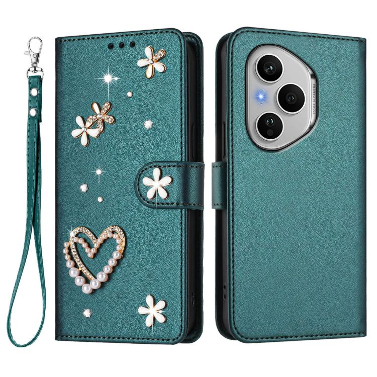 For Honor 400 Pro 5G Global 160.8mm ZS01 Double-Layer Heart Floral Vegan Leather Phone Case with Wrist Strap