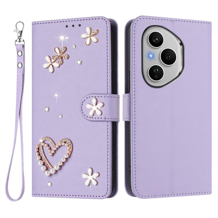 For Honor 400 Pro 5G Global 160.8mm ZS01 Double-Layer Heart Floral Vegan Leather Phone Case with Wrist Strap