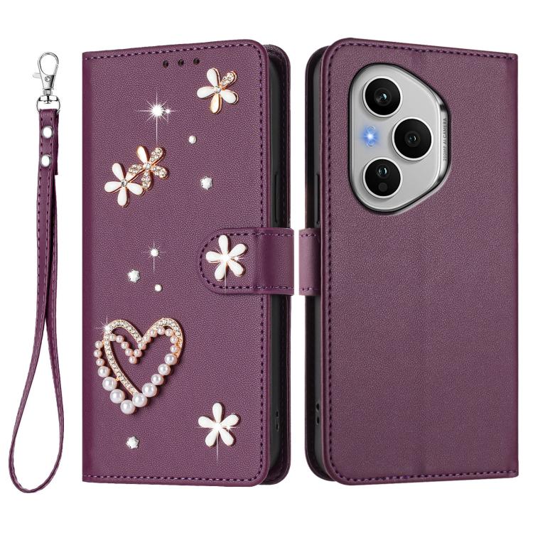 For Honor 400 Pro 5G Global 160.8mm ZS01 Double-Layer Heart Floral Vegan Leather Phone Case with Wrist Strap