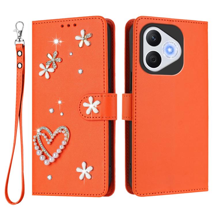 For Honor 400 Lite 5G Global ZS01 Double-Layer Heart Floral Vegan Leather Phone Case with Wrist Strap