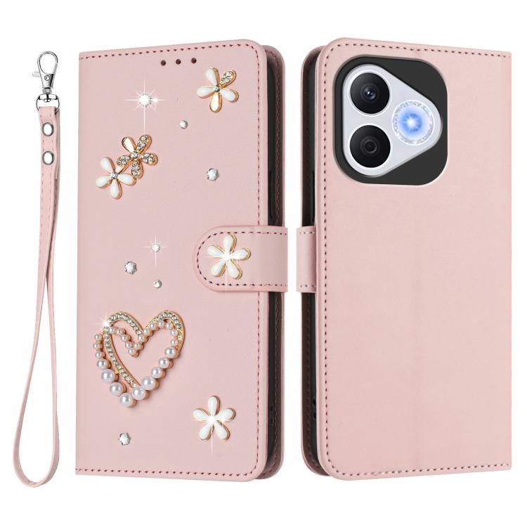 For Honor 400 Lite 5G Global ZS01 Double-Layer Heart Floral Vegan Leather Phone Case with Wrist Strap