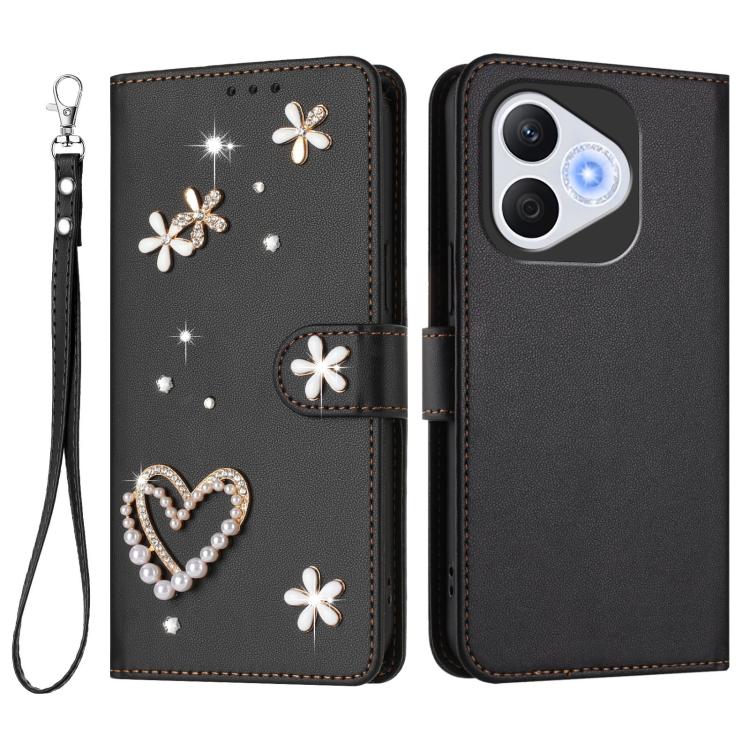 For Honor 400 Lite 5G Global ZS01 Double-Layer Heart Floral Vegan Leather Phone Case with Wrist Strap