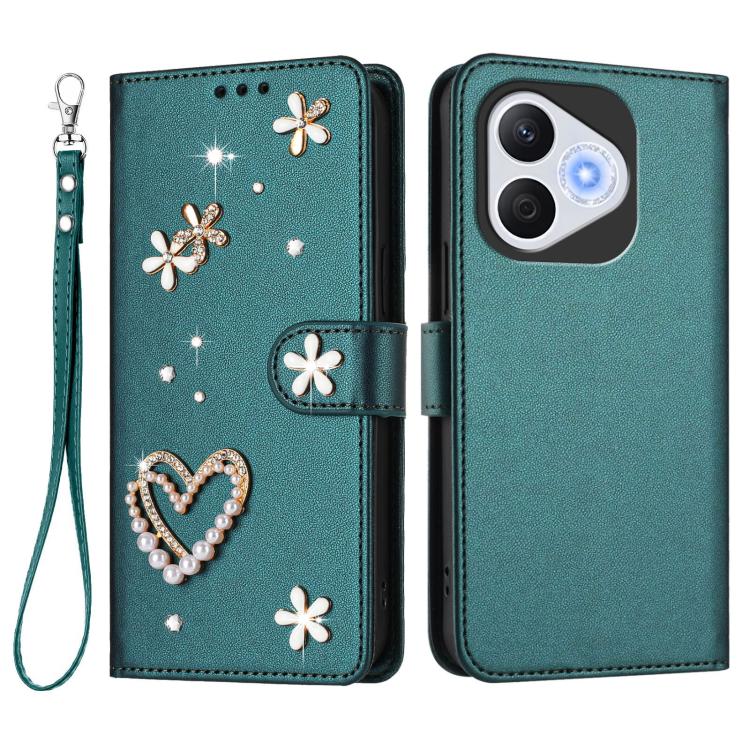 For Honor 400 Lite 5G Global ZS01 Double-Layer Heart Floral Vegan Leather Phone Case with Wrist Strap