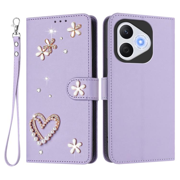 For Honor 400 Lite 5G Global ZS01 Double-Layer Heart Floral Vegan Leather Phone Case with Wrist Strap