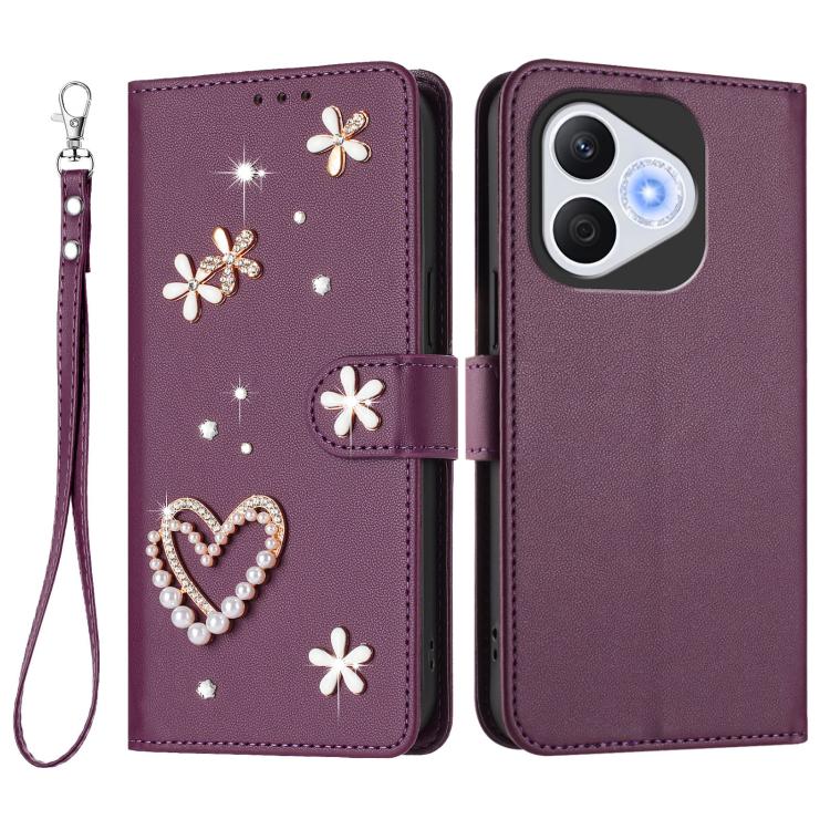 For Honor 400 Lite 5G Global ZS01 Double-Layer Heart Floral Vegan Leather Phone Case with Wrist Strap