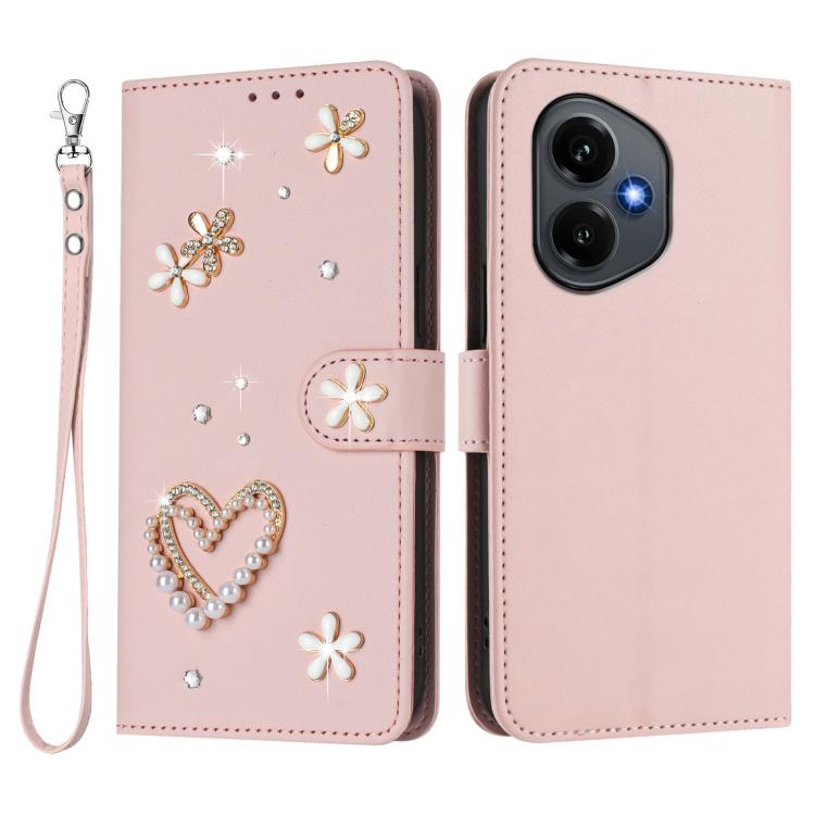 For Honor 400 5G Global 156.5mm ZS01 Double-Layer Heart Floral Vegan Leather Phone Case with Wrist Strap
