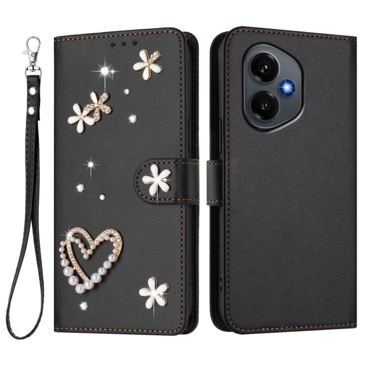 For Honor 400 5G Global 156.5mm ZS01 Double-Layer Heart Floral Vegan Leather Phone Case with Wrist Strap