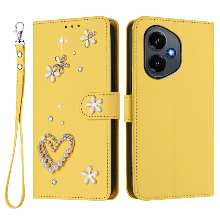 For Honor 400 5G Global 156.5mm ZS01 Double-Layer Heart Floral Vegan Leather Phone Case with Wrist Strap