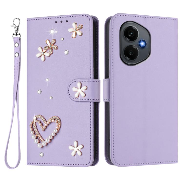 For Honor 400 5G Global 156.5mm ZS01 Double-Layer Heart Floral Vegan Leather Phone Case with Wrist Strap