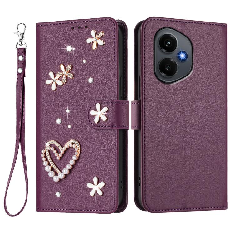 For Honor 400 5G Global 156.5mm ZS01 Double-Layer Heart Floral Vegan Leather Phone Case with Wrist Strap