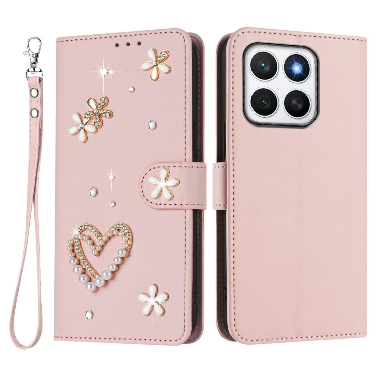 For Honor X8c 4G ZS01 Double-Layer Heart Floral Vegan Leather Phone Case with Wrist Strap