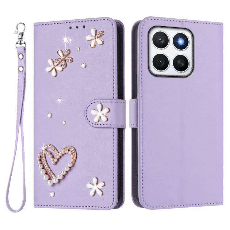For Honor X8c 4G ZS01 Double-Layer Heart Floral Vegan Leather Phone Case with Wrist Strap