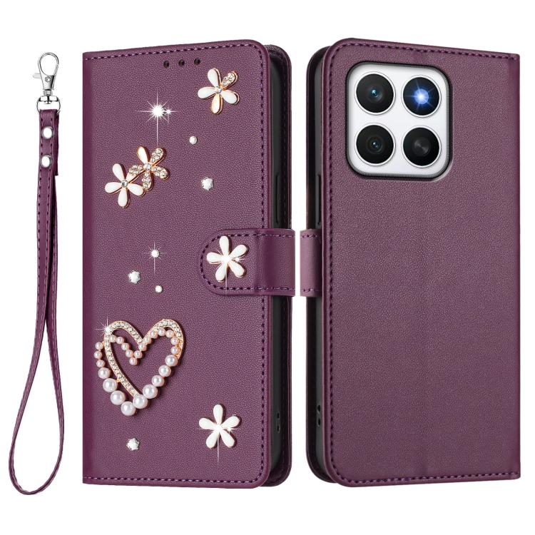 For Honor X8c 4G ZS01 Double-Layer Heart Floral Vegan Leather Phone Case with Wrist Strap