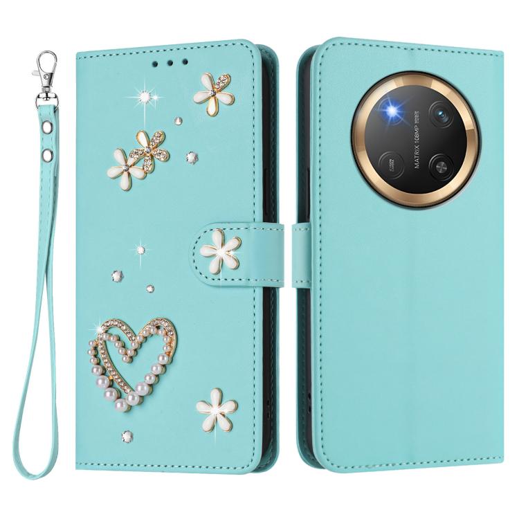 For Honor X9c 5G / Magic7 Lite 5G ZS01 Double-Layer Heart Floral Vegan Leather Phone Case with Wrist Strap