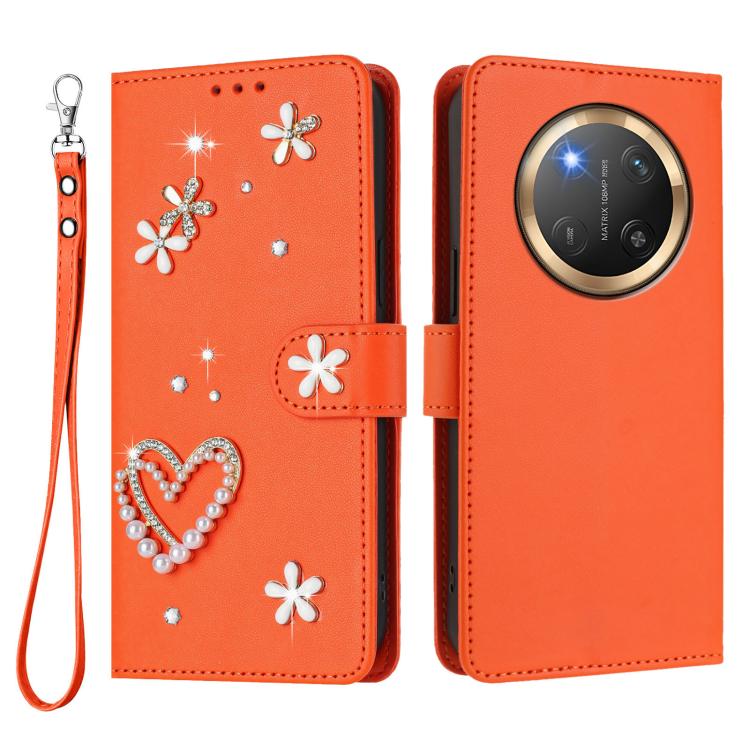 For Honor X9c 5G / Magic7 Lite 5G ZS01 Double-Layer Heart Floral Vegan Leather Phone Case with Wrist Strap
