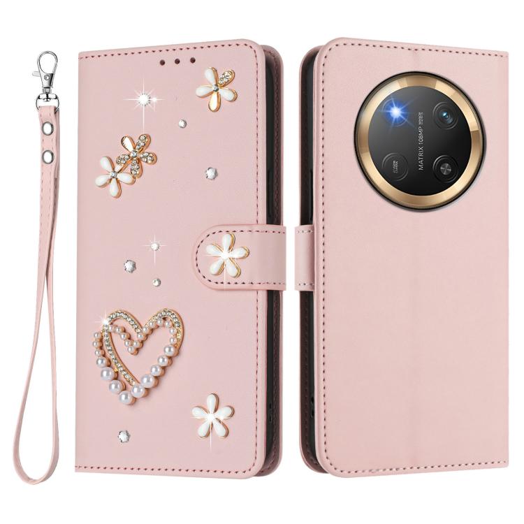 For Honor X9c 5G / Magic7 Lite 5G ZS01 Double-Layer Heart Floral Vegan Leather Phone Case with Wrist Strap