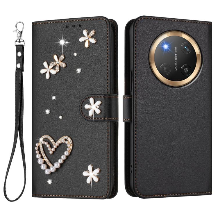 For Honor X9c 5G / Magic7 Lite 5G ZS01 Double-Layer Heart Floral Vegan Leather Phone Case with Wrist Strap